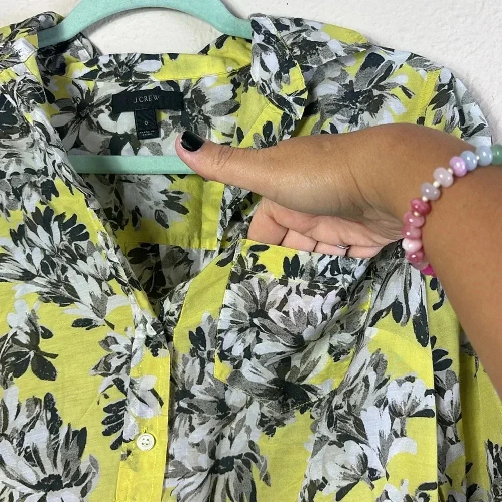 J. Crew Silk Cotton Blend Button Down Floral Shirt long sleeve yellow grey SZ 0